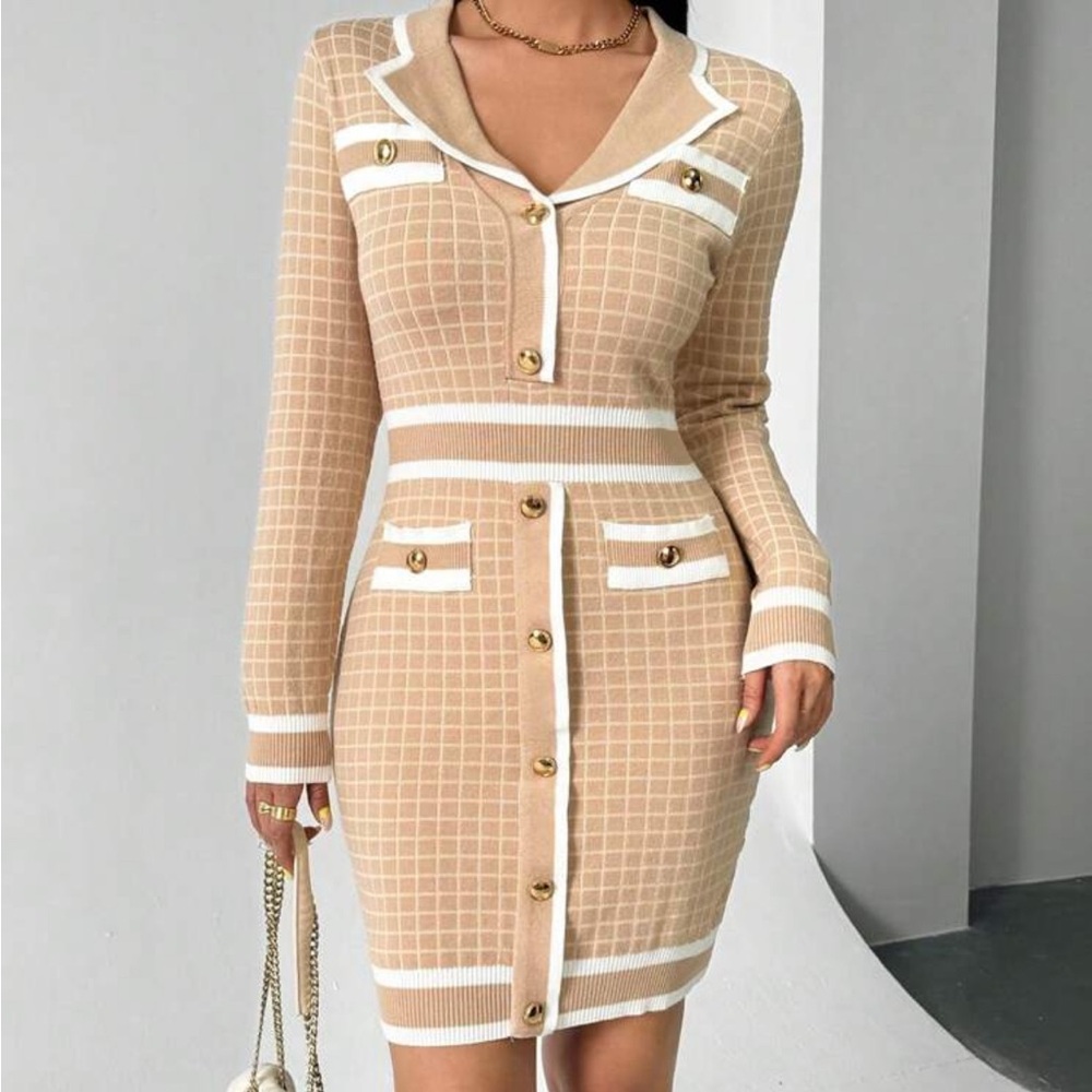 Elegant Tan Button-Down Sweater Knit Dress